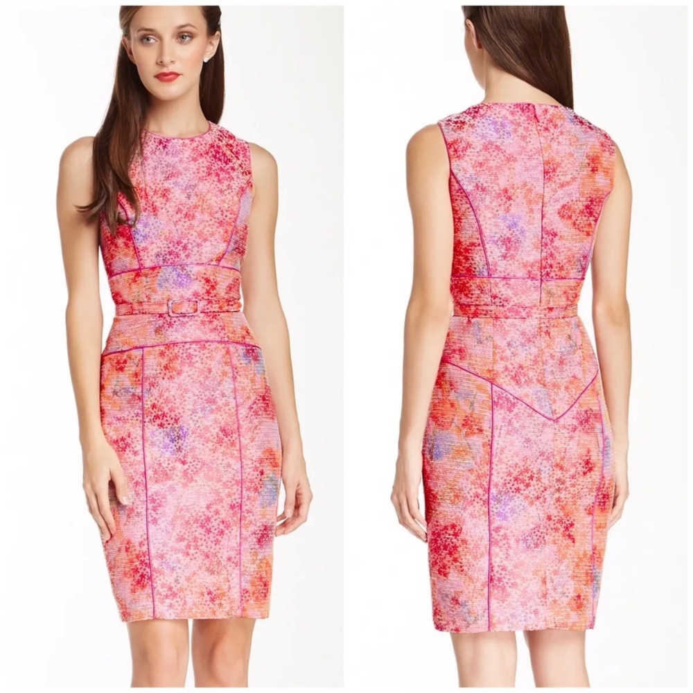 NWOT Theia Peony Floral Jacquard Belted Sheath Dress